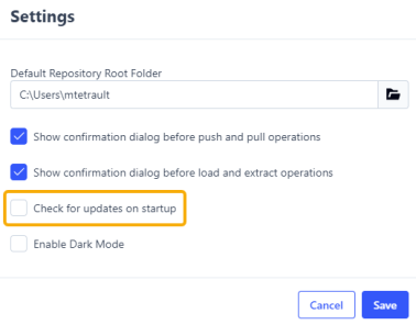 The Settings page displays with the Check for Updates on Startup checkbox deselected and outlined